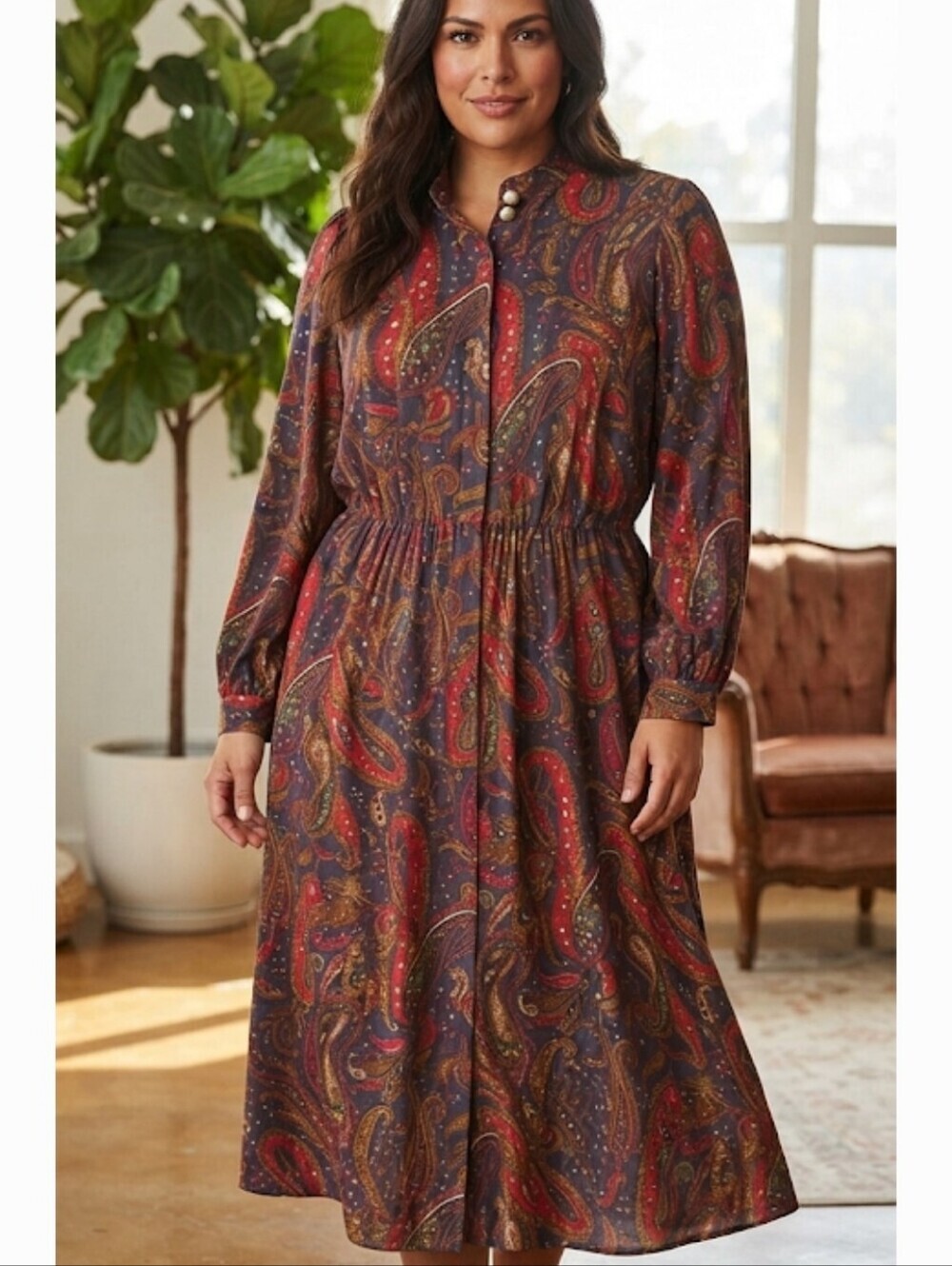 Papillon Vintage-Inspired Paisley Long Sleeve Dress - Red & Brown